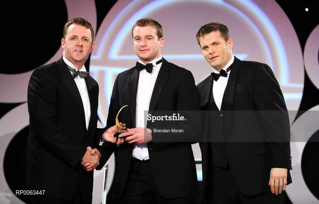 7 November 2008; JJ Delaney, of Kilkenny, is presented with his OPEL GPA award by Dave Sheeran, Managing Director, OPEL Ireland, left, and Dessie Farrell, Chief Executive, Gaelic Players Association, during the 2008 Opel Gaelic Players of the Year awards for Hurling and Football. Citywest Hotel, Conference, Leisure & Golf Resort, Dublin. Picture credit: Brendan Moran / SPORTSFILE