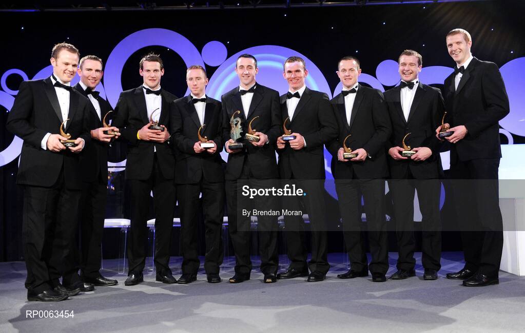 7 November 2008; Kilkenny OPEL GPA award winners, from left, Tommy Walsh, Eddie Brennan, Jackie Tyrrell, James 'Cha' Fitzpatrick, Gaelic Players Hurler of the Year Eoin Larkin, Noel Hickey, Michael Kavanagh, JJ Delaney and Henry Shefflin during the 2008 Opel Gaelic Players of the Year awards for Hurling and Football. Citywest Hotel, Conference, Leisure & Golf Resort, Dublin. Picture credit: Brendan Moran / SPORTSFILE