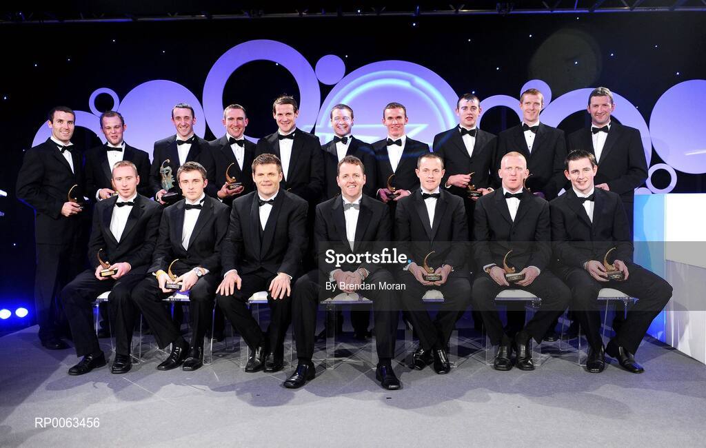 7 November 2008; Dave Sheeran, Managing Director, OPEL Ireland, left, and Dessie Farrell, Chief Executive, Gaelic Players Association, with the OPEL GPA Hurling team of the year during the 2008 Opel Gaelic Players of the Year awards for Hurling and Football. Back row, from left, Ben O'Connor, Cork, Tommy Walsh, Kilkenny, Eoin Larkin, Kilkenny, Eddie Brennan, Kilkenny, Jackie Tyrrell, Kilkenny, JJ Delaney, Kilkenny, Eoin Kelly, Waterford, Henry Shefflin, Kilkenny, and Brendan Cummins, Tipperary. Front row, from left, James 'Cha' Fitzpatrick, Kilkenny, Shane McGrath, Tipperary, Michael Kavanagh, Kilkenny, John Mullane, Waterford, and Conor O'Mahony, Tipperary. Citywest Hotel, Conference, Leisure & Golf Resort, Dublin. Picture credit: Brendan Moran / SPORTSFILE