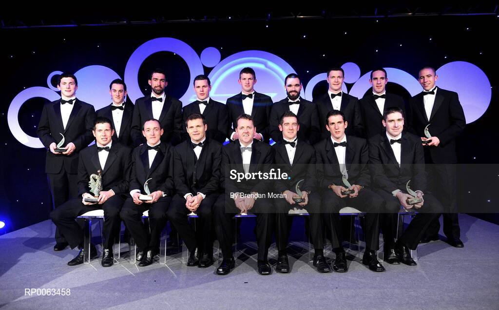 7 November 2008; Dave Sheeran, Managing Director, OPEL Ireland, right, and Dessie Farrell, Chief Executive, Gaelic Players Association, with the OPEL GPA Football team of the year during the 2008 Opel Gaelic Players of the Year awards for Hurling and Football. Back row, from left, Michael Meehan, Galway, Davy Harte, Tyrone, Joe McMahon, Tyrone, Conor Gormley, Tyrone, Anthony Masterson, Wexford, Ryan McMenamin, Tyrone, Enda McGinley, Tyrone, Declan O'Sullivan, Kerry, and John Keane, Westmeath. Front row, from left, Sean Cavanagh, Tyrone, Brian Dooher, Tyrone, Justin McMahon, Tyrone, Philip Jordan, Tyrone, and Darragh O Se, Kerry. Citywest Hotel, Conference, Leisure & Golf Resort, Dublin. Picture credit: Brendan Moran / SPORTSFILE