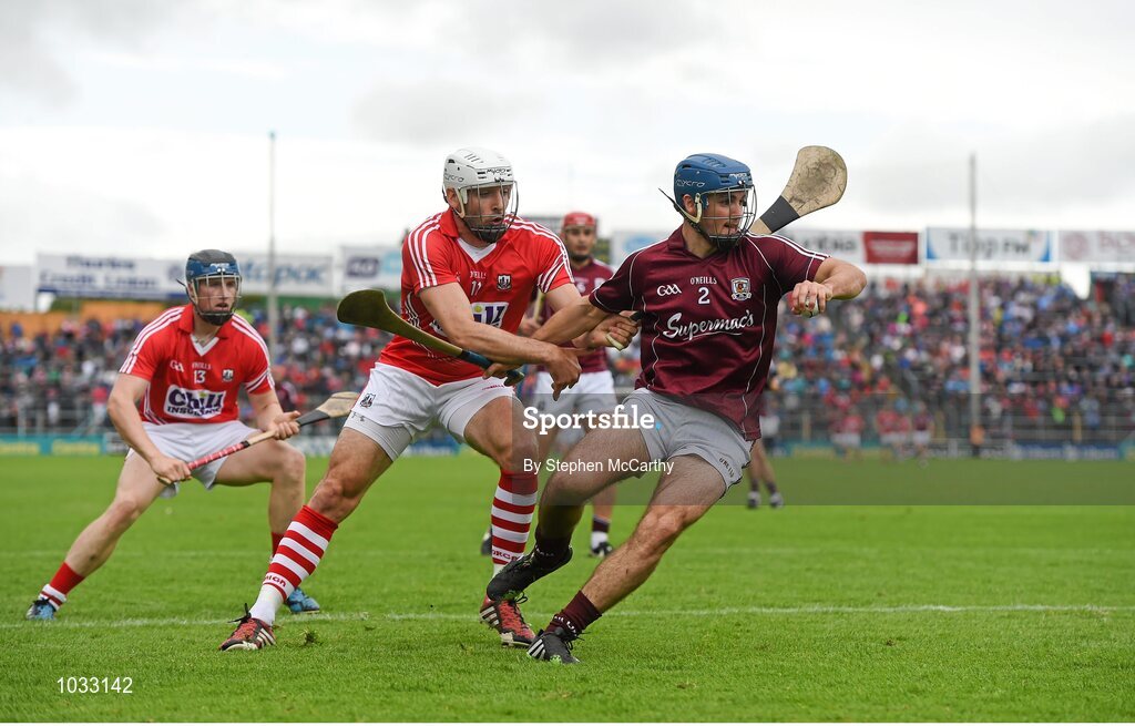 26 July 2015; Johnny Coen, Galway, in action against Patrick Cronin, Cork. GAA Hurling All-Ireland Senior Championship, Quarter-Final, Galway v Cork. Semple Stadium, Thurles, Co. Tipperary. Picture credit: Stephen McCarthy / SPORTSFILE