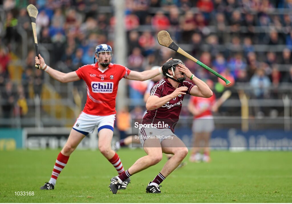 26 July 2015; Joseph Cooney, Galway, reacts following a challenge from Damien Cahalane, Cork, resulting in a second yellow card and subsequently a red card for the Cork player. GAA Hurling All-Ireland Senior Championship, Quarter-Final, Galway v Cork. Semple Stadium, Thurles, Co. Tipperary. Picture credit: Stephen McCarthy / SPORTSFILE
