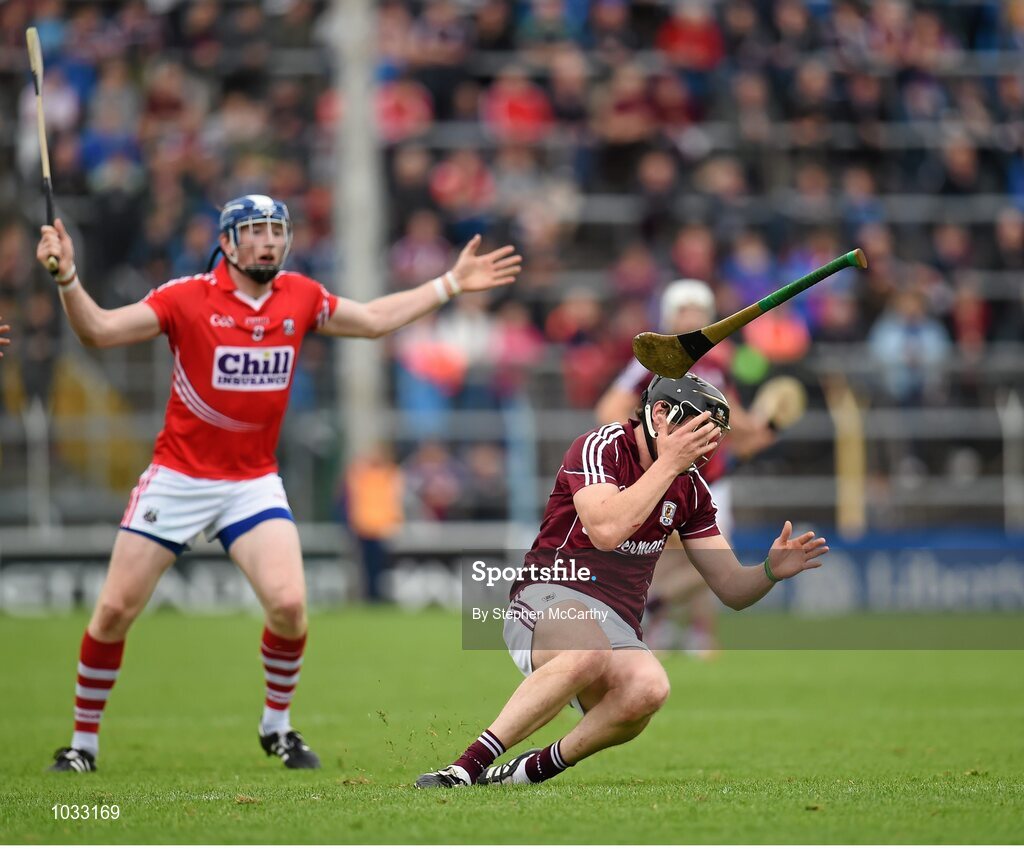 26 July 2015; Joseph Cooney, Galway, reacts following a challenge from Damien Cahalane, Cork, resulting in a second yellow card and subsequently a red card for the Cork player. GAA Hurling All-Ireland Senior Championship, Quarter-Final, Galway v Cork. Semple Stadium, Thurles, Co. Tipperary. Picture credit: Stephen McCarthy / SPORTSFILE
