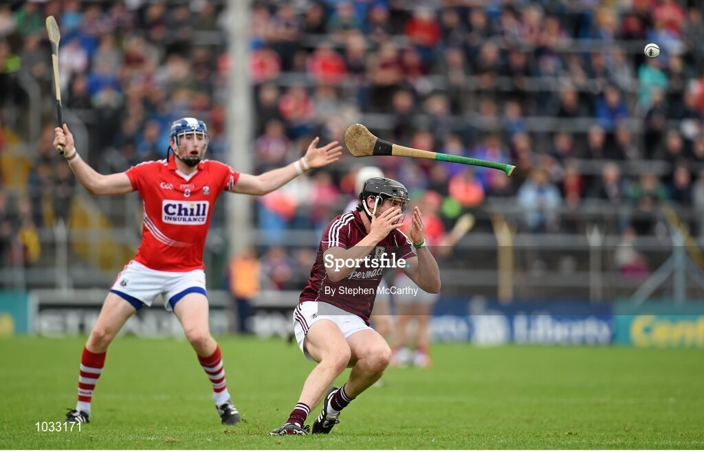 26 July 2015; Joseph Cooney, Galway, reacts following a challenge from Damien Cahalane, Cork, resulting in a second yellow card and subsequently a red card for the Cork player. GAA Hurling All-Ireland Senior Championship, Quarter-Final, Galway v Cork. Semple Stadium, Thurles, Co. Tipperary. Picture credit: Stephen McCarthy / SPORTSFILE