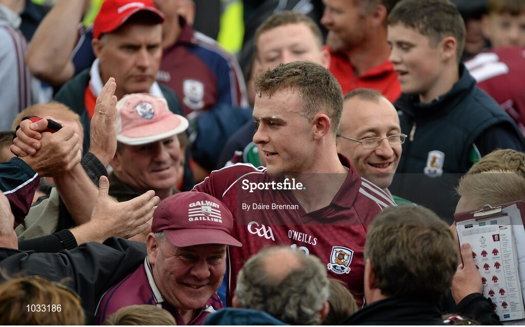 26 July 2015; Jonathan Glynn, Galway, celebrates with supporters after the game. GAA Hurling All-Ireland Senior Championship, Quarter-Final, Galway v Cork. Semple Stadium, Thurles, Co. Tipperary. Picture credit: Dáire Brennan / SPORTSFILE