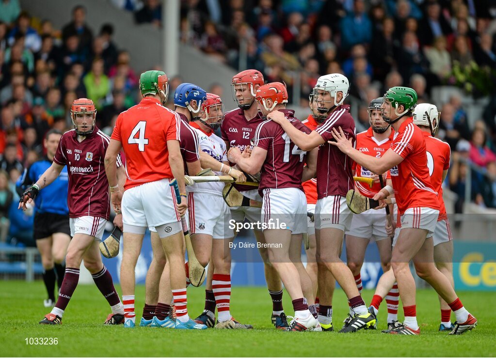 26 July 2015; Players from both sides involved in a scuffle during the game. GAA Hurling All-Ireland Senior Championship, Quarter-Final, Galway v Cork. Semple Stadium, Thurles, Co. Tipperary. Picture credit: Dáire Brennan / SPORTSFILE