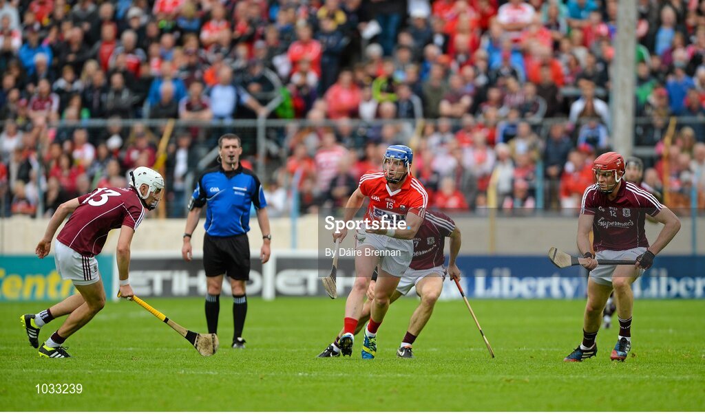 26 July 2015; Patrick Horgan, Cork, in action against Galway players, left to right, Jason Flynn, Daithí Burke, and Jonathan Glynn. GAA Hurling All-Ireland Senior Championship, Quarter-Final, Galway v Cork. Semple Stadium, Thurles, Co. Tipperary. Picture credit: Dáire Brennan / SPORTSFILE