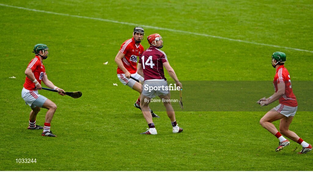 26 July 2015; Joe Canning, Galway, in action against Cork players, left to right, Brian Murphy, Mark Ellis, and Aidan Walsh. GAA Hurling All-Ireland Senior Championship, Quarter-Final, Galway v Cork. Semple Stadium, Thurles, Co. Tipperary. Picture credit: Dáire Brennan / SPORTSFILE