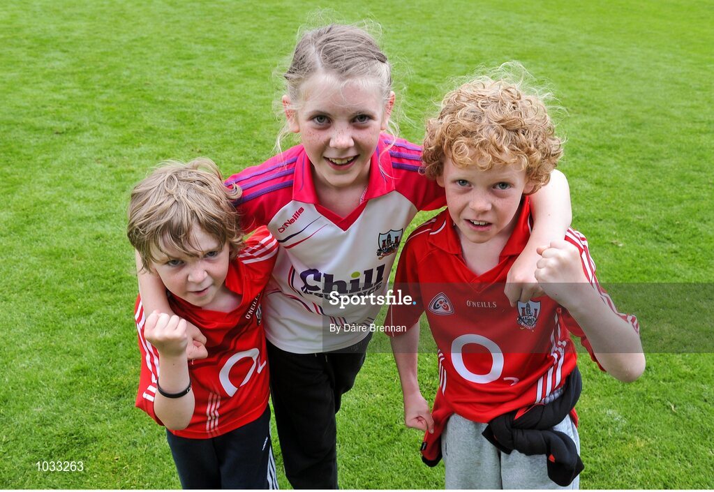 26 July 2015; Cork supporters, the Foleys, left to right, Ethan, aged 6, Abbey, aged 10, and Josh, aged 8, from Middleton, Co. Cork. GAA Hurling All-Ireland Senior Championship, Quarter-Final, Galway v Cork. Semple Stadium, Thurles, Co. Tipperary. Picture credit: Dáire Brennan / SPORTSFILE
