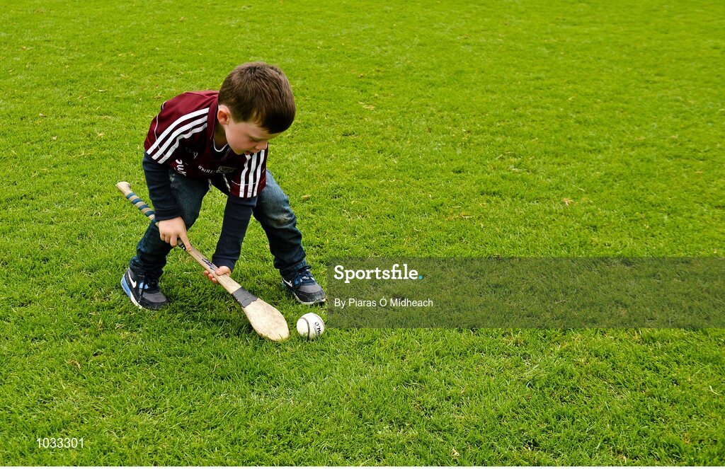 26 July 2015; Oran Curley, aged 3, from Kiltormer, Galway, playing on the pitch after the game. GAA Hurling All-Ireland Senior Championship, Quarter-Final, Galway v Cork. Semple Stadium, Thurles, Co. Tipperary. Picture credit: Piaras Ó Mídheach / SPORTSFILE