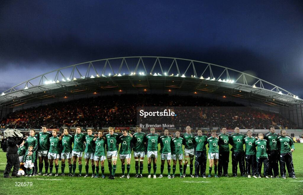 8 November 2008; The Ireland team stand for the national anthem before the game. Guinness Autumn Internationals, Ireland v Canada, Thomond Park, Limerick. Picture credit: Brendan Moran / SPORTSFILE