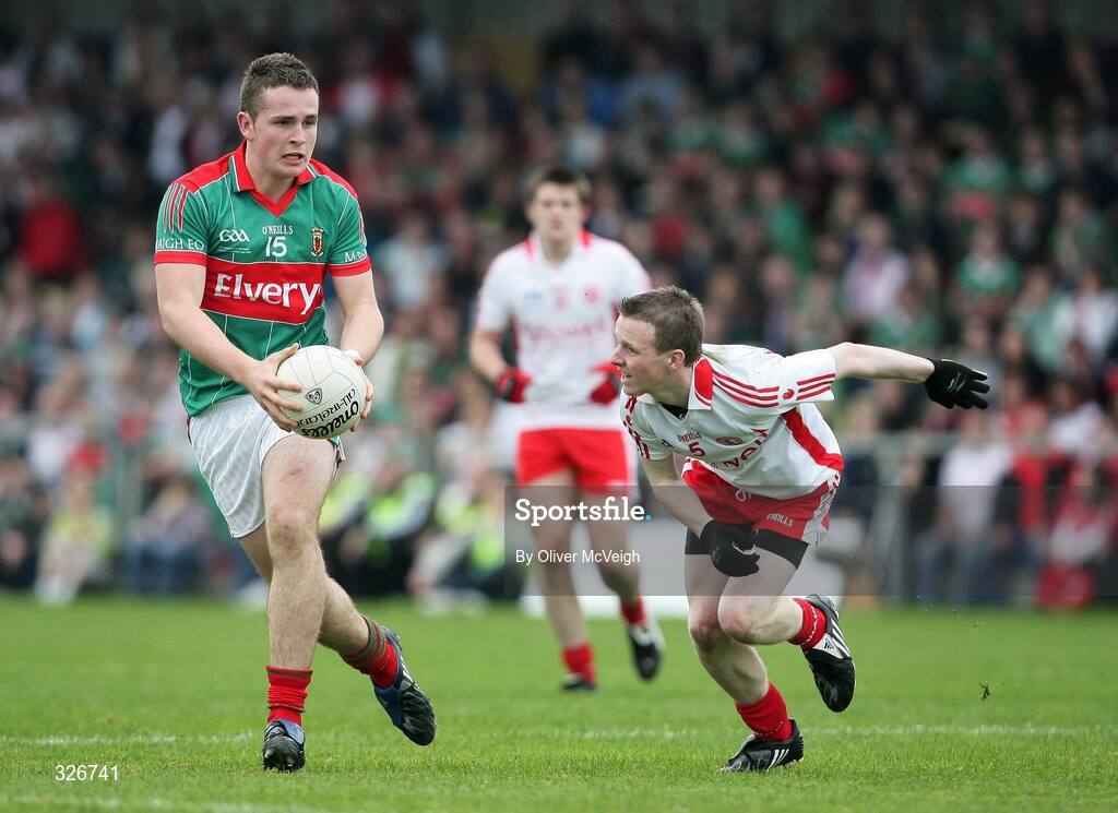 27 September 2008; Alex Corduff, Mayo, in action against Stephen MacRory, Tyrone. ESB GAA Football All-Ireland Minor Championship Final Replay, Tyrone v Mayo, Pearse Park, Longford. Picture credit: Oliver McVeigh / SPORTSFILE