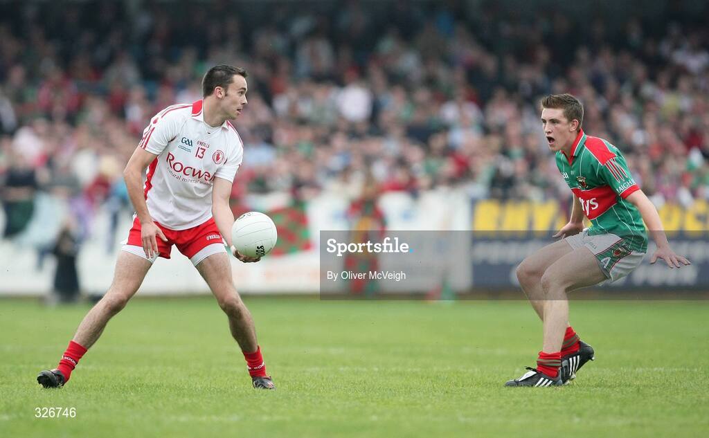 27 September 2008; Kyle Coney, Tyrone, in action against John Broderick, Mayo. ESB GAA Football All-Ireland Minor Championship Final Replay, Tyrone v Mayo, Pearse Park, Longford. Picture credit: Oliver McVeigh / SPORTSFILE