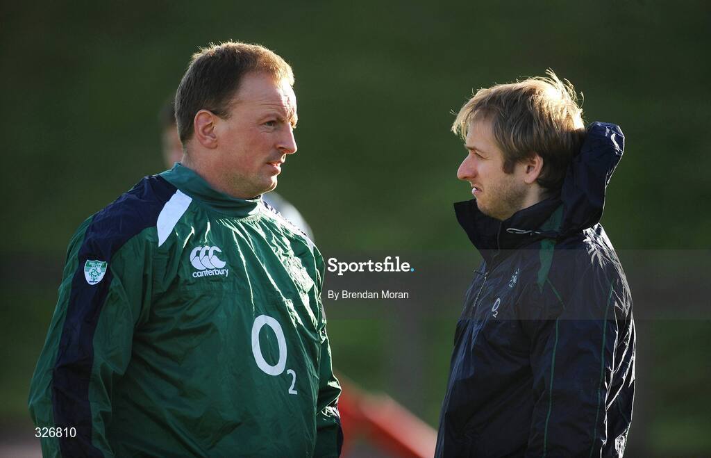 10 November 2008; Ireland lock Mick O'Driscoll in conversation with physio Brian Green during rugby squad training. University of Limerick, Limerick. Picture credit: Brendan Moran / SPORTSFILE