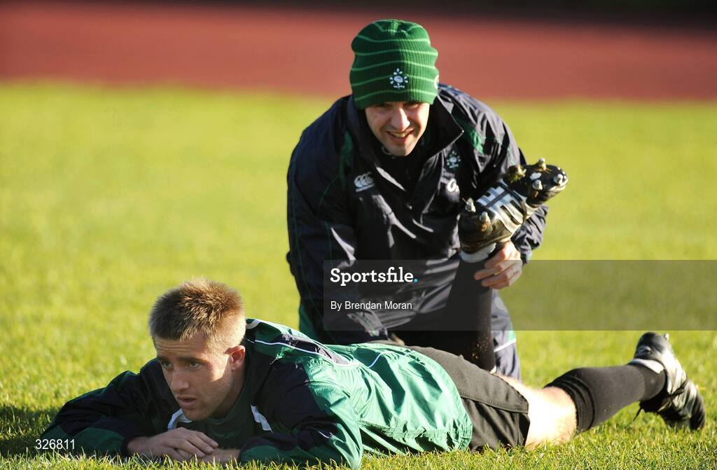 10 November 2008; Ireland's Luke Fitzgerald is attended to by physio Cameron Steele during rugby squad training. University of Limerick, Limerick. Picture credit: Brendan Moran / SPORTSFILE