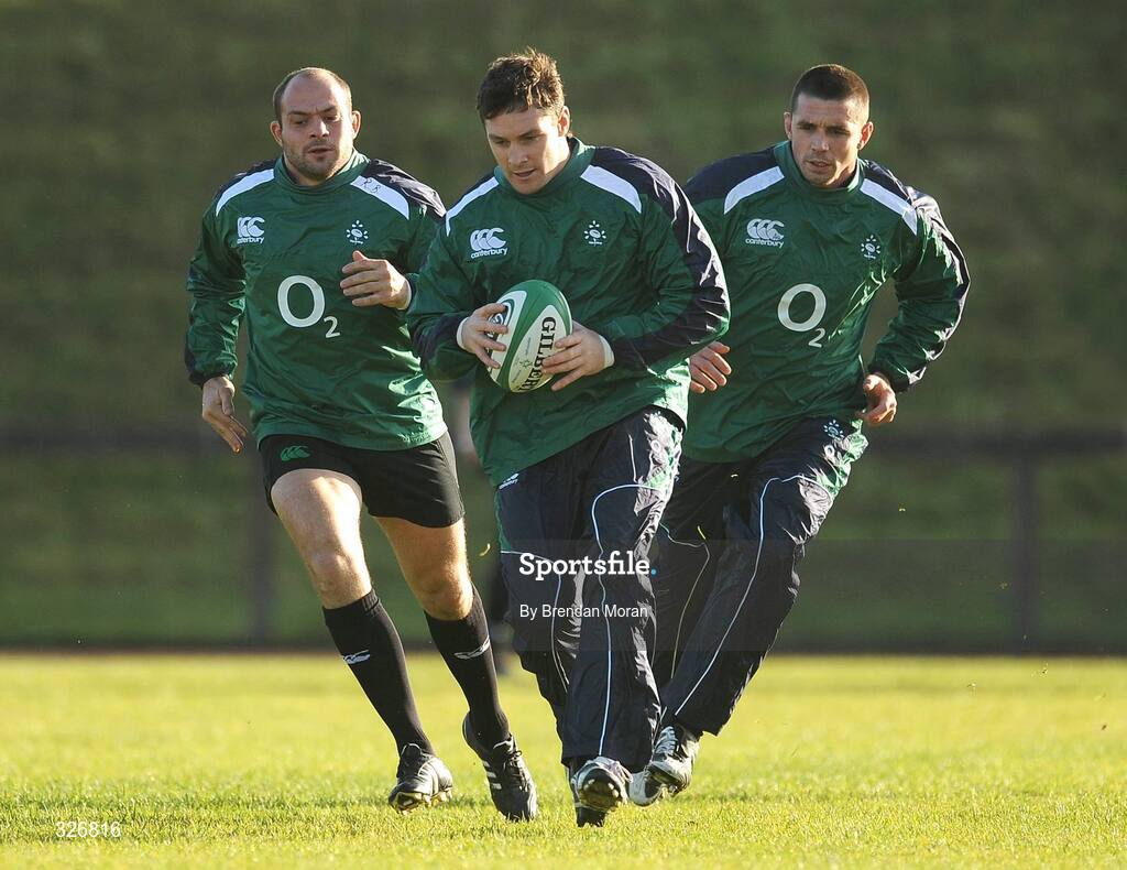 10 November 2008; Ireland's David Wallace, supported by Rory Best, left, and Alan Quinlan, in action during rugby squad training. University of Limerick, Limerick. Picture credit: Brendan Moran / SPORTSFILE