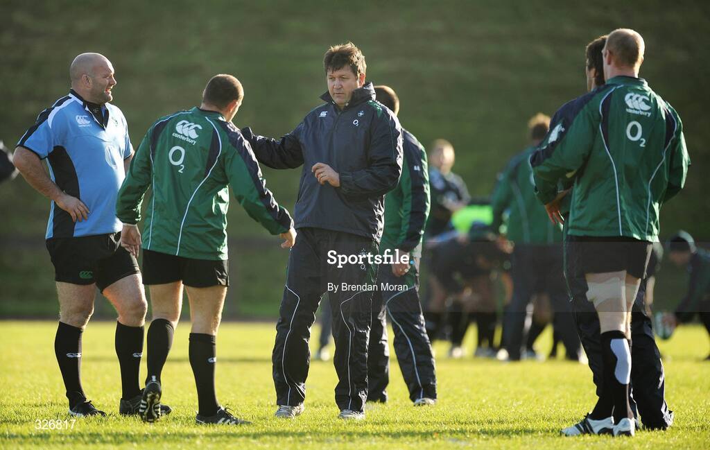 10 November 2008; Ireland forwards coach Gert Smal makes a point to John Hayes, left, Rory Best, Donncha O'Callaghan and Paul O'Connell during rugby squad training. University of Limerick, Limerick. Picture credit: Brendan Moran / SPORTSFILE