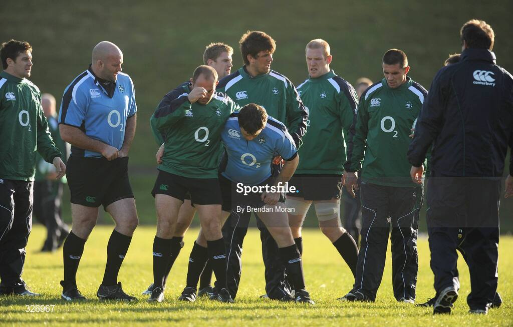 10 November 2008; The Irish pack, from left, David Wallace, John Hayes, Rory Best, Jamie Heaslip, Marcus Horan, Doinncha O'Callaghan, Paul O'Connell and Alan Quinlan, under the watchful eye of forwards coach Gert Smal during rugby squad training. University of Limerick, Limerick. Picture credit: Brendan Moran / SPORTSFILE