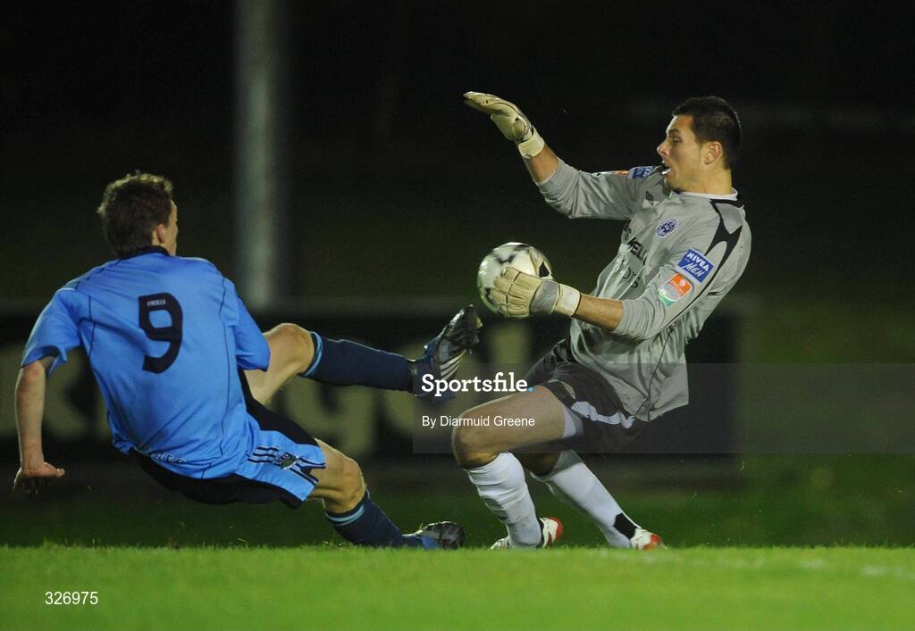 11 November 2008; David McMillan, UCD, has his shot saved by Bohemians goalkeeper Chris Konopka. A Championship Final, UCD v Bohemians, UCD Bowl, Dublin. Picture credit: Diarmuid Greene / SPORTSFILE