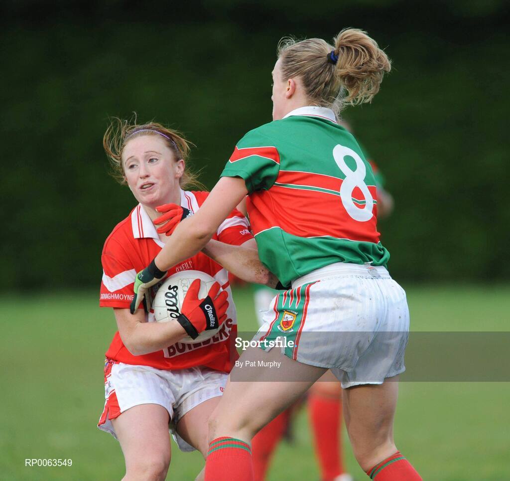 9 November 2008; Joanne Geoghegan, Donaghmoyne, in action against Claire Egan, Carnacon. Vhi Healthcare All-Ireland Senior Club semi-final, Carnacon, Mayo v Donaghmoyne, Monaghan, Ray Prendergast Memorial Park, Clogher, Mayo. Picture credit: Pat Murphy / SPORTSFILE