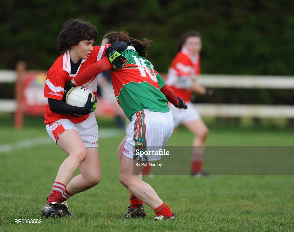 9 November 2008; Cora Courtney, Donaghmoyne, in action against Michelle McGing, Carnacon. Vhi Healthcare All-Ireland Senior Club semi-final, Carnacon, Mayo v Donaghmoyne, Monaghan, Ray Prendergast Memorial Park, Clogher, Mayo. Picture credit: Pat Murphy / SPORTSFILE