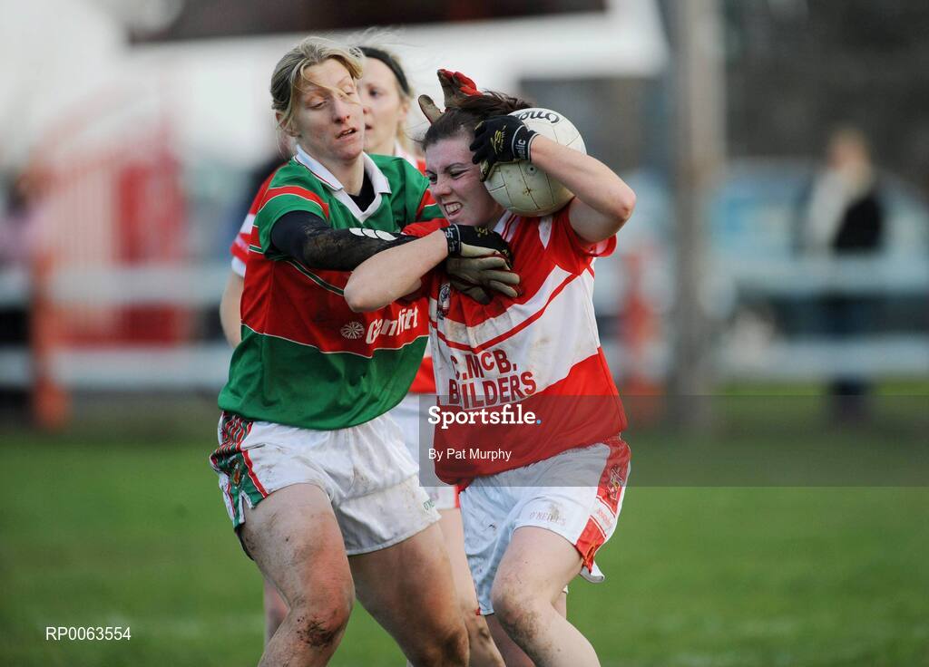 9 November 2008; Joanne Courtney, Donaghmoyne, in action against Cora Staunton, Carnacon. Vhi Healthcare All-Ireland Senior Club semi-final, Carnacon, Mayo v Donaghmoyne, Monaghan, Ray Prendergast Memorial Park, Clogher, Mayo. Picture credit: Pat Murphy / SPORTSFILE