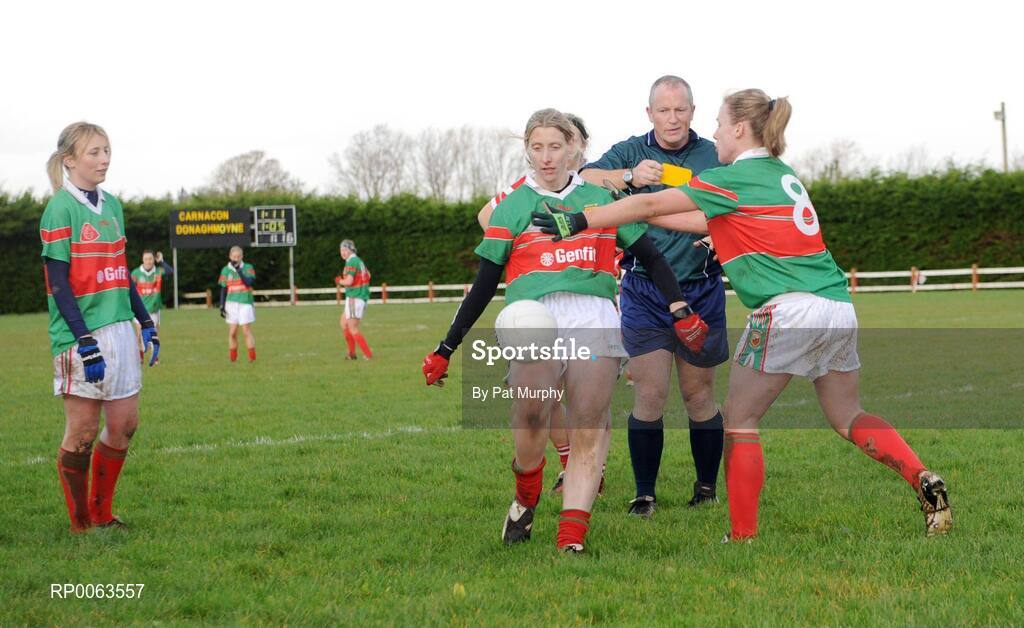 9 November 2008; Carnacon's Cora Staunton kicks the ball away in frustartion after being sent to the sin-bin during the final minute of the game by referee Keith Delahunty. Vhi Healthcare All-Ireland Senior Club semi-final, Carnacon, Mayo v Donaghmoyne, Monaghan, Ray Prendergast Memorial Park, Clogher, Mayo. Picture credit: Pat Murphy / SPORTSFILE