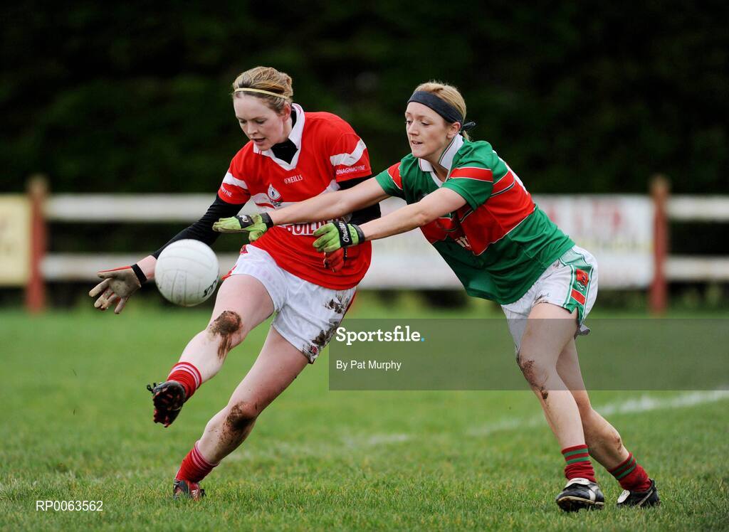 9 November 2008; Amanda Casey, Donaghmoyne, in action against Natasha Beegan, Carnacon. Vhi Healthcare All-Ireland Senior Club semi-final, Carnacon, Mayo v Donaghmoyne, Monaghan, Ray Prendergast Memorial Park, Clogher, Mayo. Picture credit: Pat Murphy / SPORTSFILE