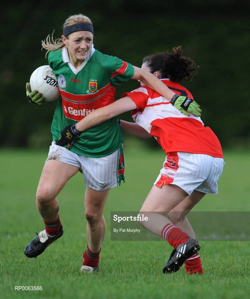 9 November 2008; Natasha Beegan, Carnacon, in action against Joanne Courtney, Donaghmoyne. Vhi Healthcare All-Ireland Senior Club semi-final, Carnacon, Mayo v Donaghmoyne, Monaghan, Ray Prendergast Memorial Park, Clogher, Mayo. Picture credit: Pat Murphy / SPORTSFILE