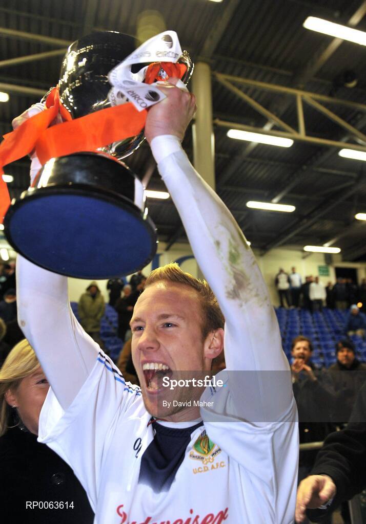 11 November 2008; Billy Brennan, captain of UCD, celebrates with the trophy after victory over Bohemians. A Championship Final, UCD v Bohemians, UCD Bowl, Dublin. Picture credit: David Maher / SPORTSFILE