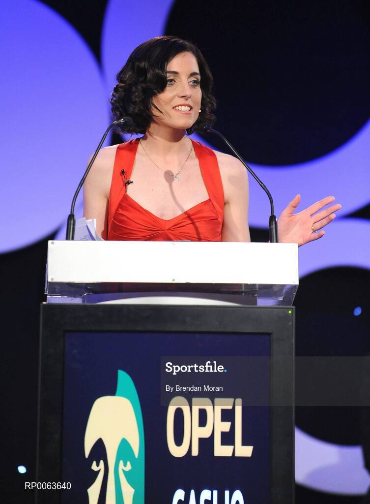 7 November 2008; MC Joanne Cantwell speaking during the 2008 Opel Gaelic Players of the Year awards for Hurling and Football. Citywest Hotel, Conference, Leisure & Golf Resort, Dublin. Picture credit: Stephen McCarthy / SPORTSFILE