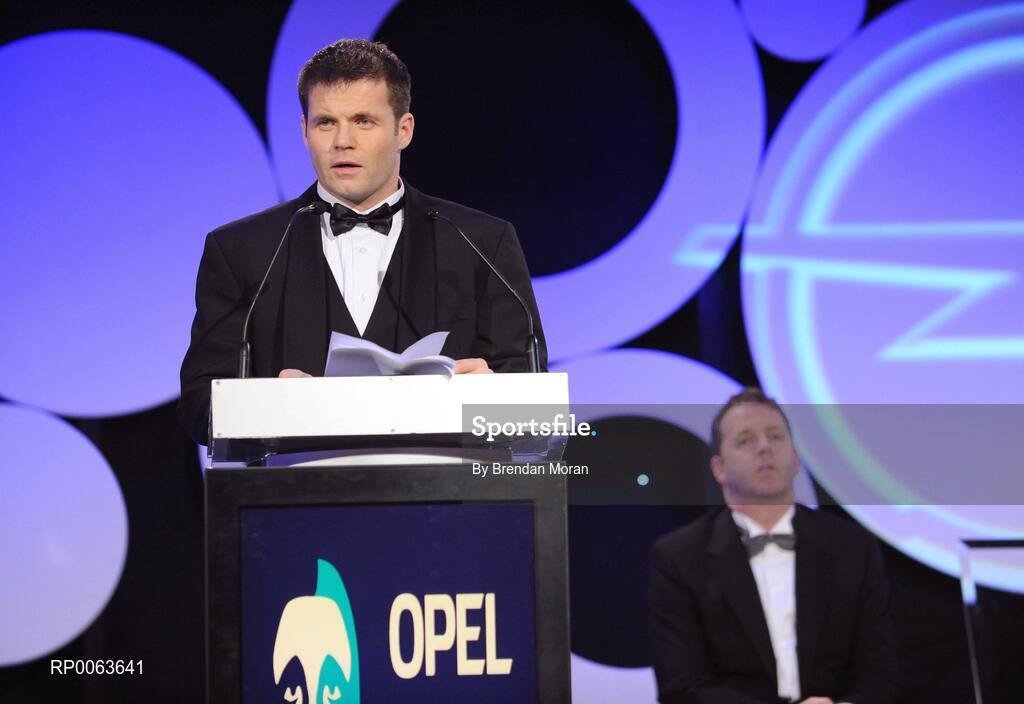 7 November 2008; Dessie Farrell, Chief Executive of the GPA, in the company of Dave Sheeran, MD, Opel Ireland, delivering his speech during the 2008 Opel Gaelic Players of the Year awards for Hurling and Football. Citywest Hotel, Conference, Leisure & Golf Resort, Dublin. Picture credit: Brendan Moran / SPORTSFILE