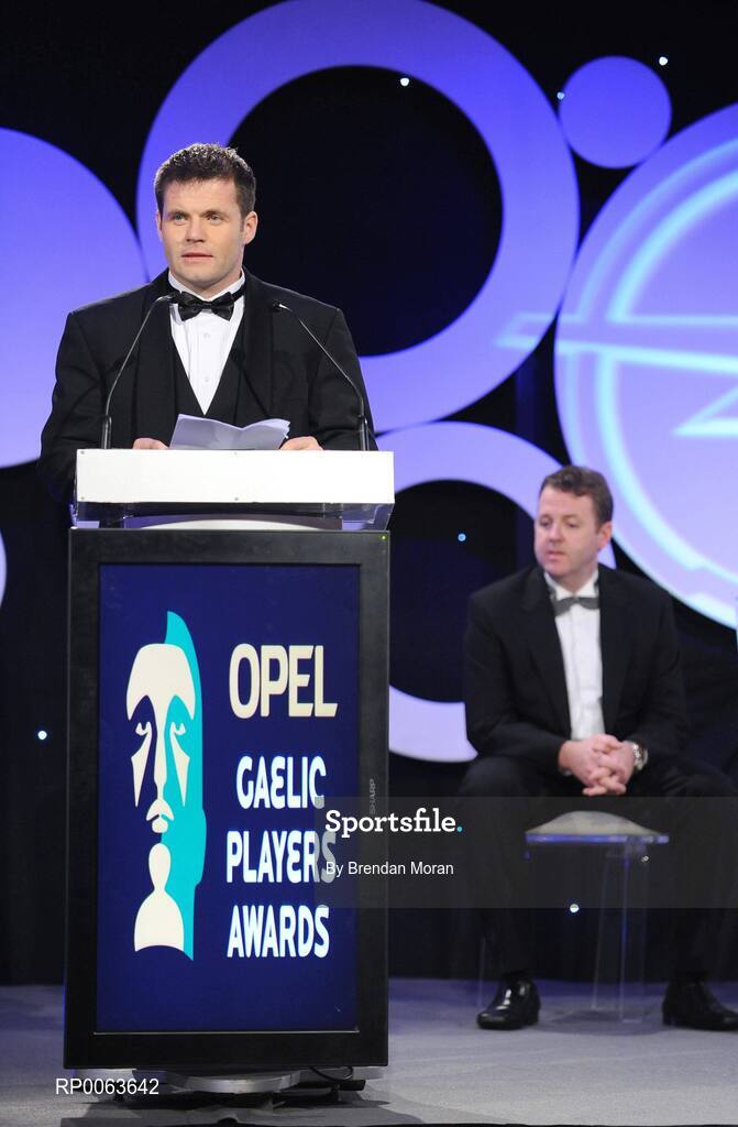 7 November 2008; Dessie Farrell, Chief Executive of the GPA, in the company of Dave Sheeran, MD, Opel Ireland, delivering his speech during the 2008 Opel Gaelic Players of the Year awards for Hurling and Football. Citywest Hotel, Conference, Leisure & Golf Resort, Dublin. Picture credit: Brendan Moran / SPORTSFILE
