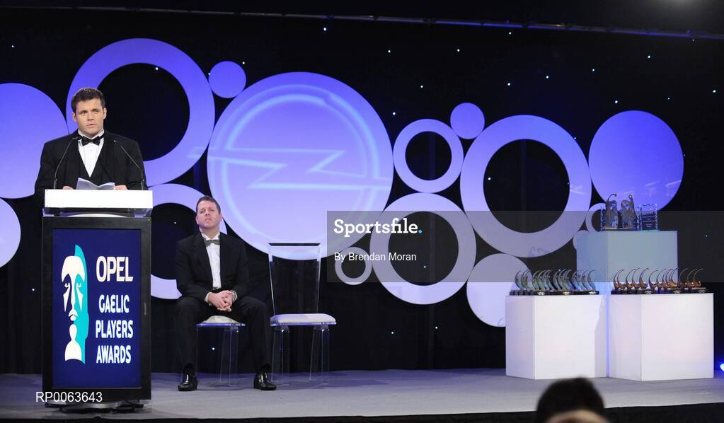 7 November 2008; Dessie Farrell, Chief Executive of the GPA, in the company of Dave Sheeran, MD, Opel Ireland, delivering his speech during the 2008 Opel Gaelic Players of the Year awards for Hurling and Football. Citywest Hotel, Conference, Leisure & Golf Resort, Dublin. Picture credit: Brendan Moran / SPORTSFILE