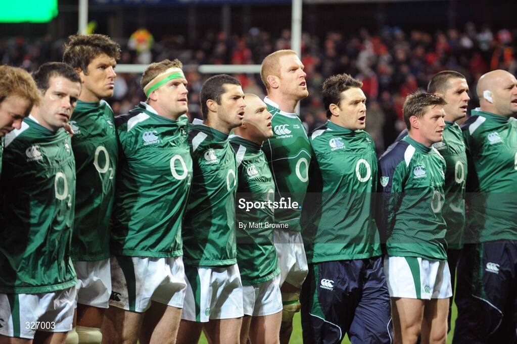 8 November 2008; The Ireland team, from left to right, Stephen Farris, Shane Jennings, Donncha O'Callaghan, Jamie Heaslip, Brian Kearney, Keith Earls, Paul O'Connell, David Wallace, Ronan O'Gara, Alan Quinlan and John Hayes during the National Anthem. Guinness Autumn Internationals, Ireland v Canada, Thomond Park, Limerick. Picture credit: Matt Browne / SPORTSFILE