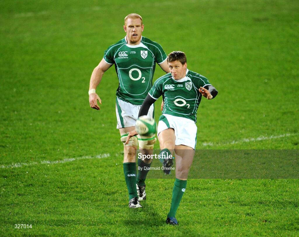 8 November 2008; Ronan O'Gara, Ireland, kicks for touch, watched by team-mate Paul O'Connell. Guinness Autumn Internationals, Ireland v Canada, Thomond Park, Limerick. Picture credit: Diarmuid Greene / SPORTSFILE