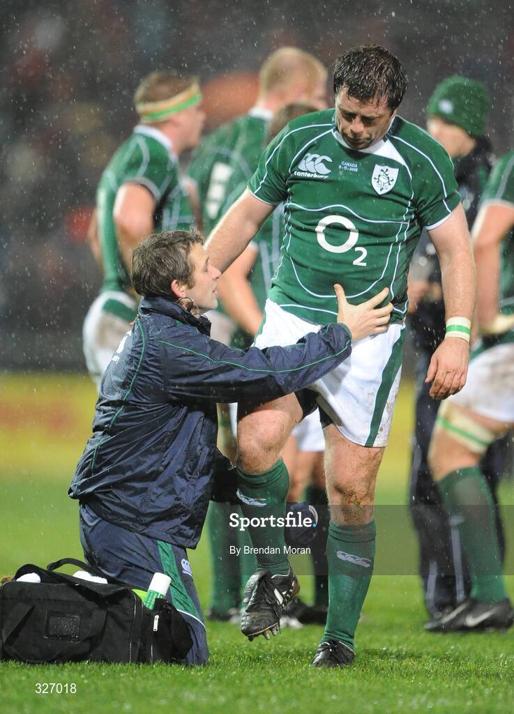 8 November 2008; Marcus Horan, Ireland, is attended to by team physio Cameron Steele. Guinness Autumn Internationals, Ireland v Canada, Thomond Park, Limerick. Picture credit: Brendan Moran / SPORTSFILE