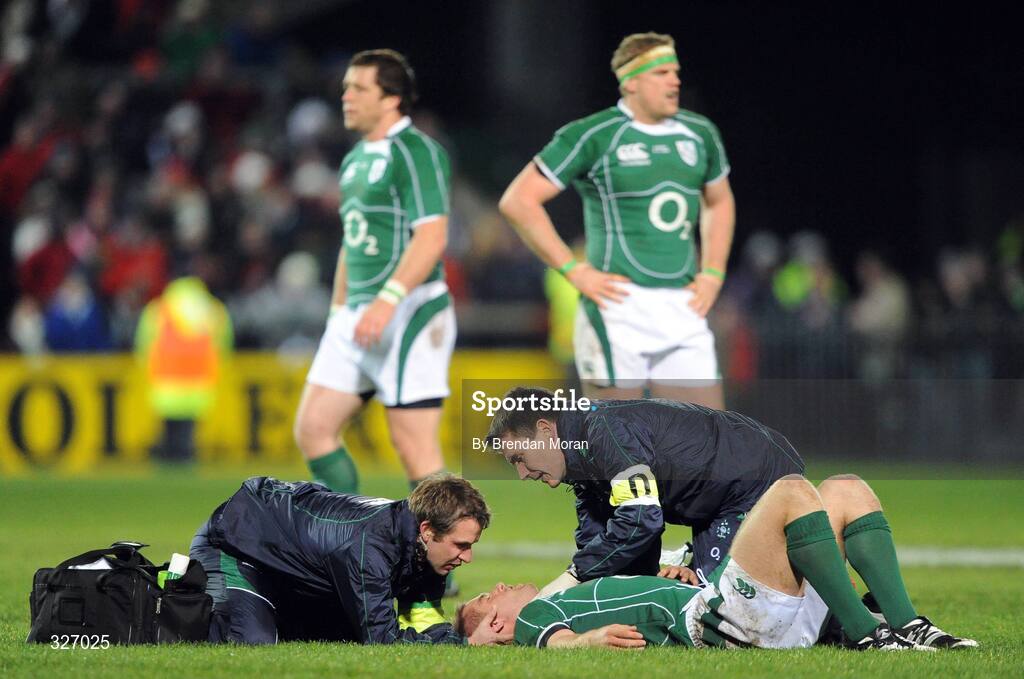 8 November 2008; Luke Fitzgerald, Ireland, is attended to by team physio Cameron Steele, left, and team doctor Dr. Gary O'Driscoll. Guinness Autumn Internationals, Ireland v Canada, Thomond Park, Limerick. Picture credit: Brendan Moran / SPORTSFILE