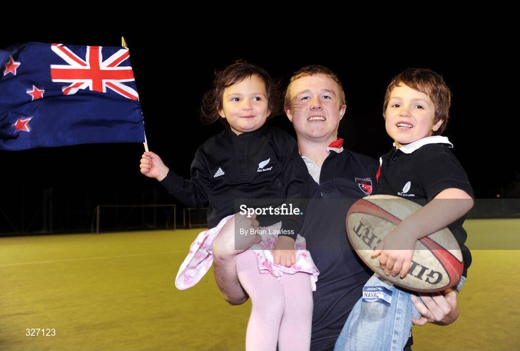 13 November 2008; All Blacks fans Rhiannon Watene, aged 3, and David Saint, aged 4, with Unidare RFC player Michael Moore to formally launch an international rugby initiative between New Zealand and Ballymun/Finglas. The Initiative is the beginning of a player exchange between Unidare RFC bases in Ballymun and Matamata United Sports in New Zealand. DCU Sports Ground, St. Claires, Ballymun, Dublin. Picture credit: Brian Lawless / SPORTSFILE