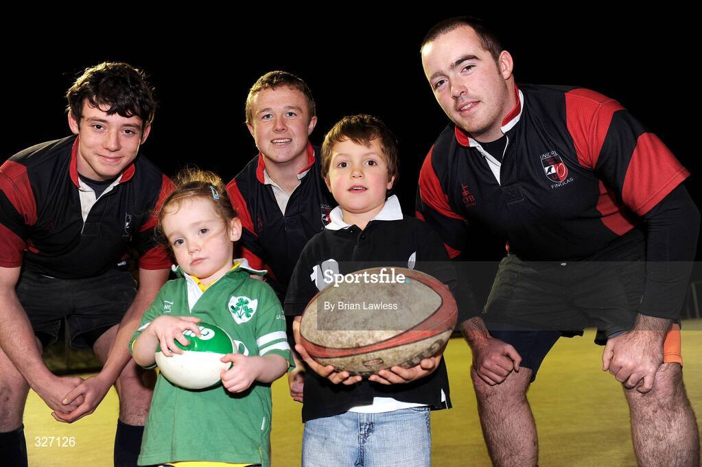 13 November 2008; All Blacks fan David Saint, aged 4, with Irish Rugby fan, Cara Moore, aged 3, and Unidare RFC players, from left, Andrew Kiernan, Michael Moore, and Michael O'Rourke, to formally launch an international rugby initiative between New Zealand and Ballymun/Finglas. The Initiative is the beginning of a player exchange between Unidare RFC, bases in Ballymun and Matamata United Sports in New Zealand. DCU Sports Ground, St. Claires, Ballymun, Dublin. Picture credit: Brian Lawless / SPORTSFILE