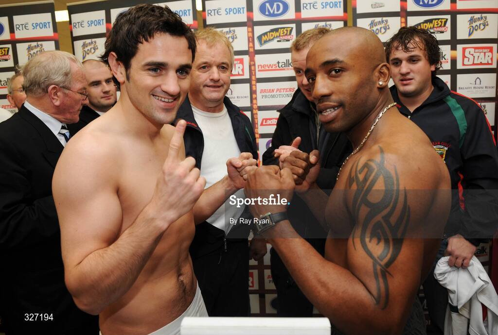 14 November 2008; Local man Henry Coyle and Dee Mitchell, at the pre fight weigh-in ahead of the Hunky Dory Fight Night this Saturday November 15th. Castlebar, Co. Mayo. Picture credit: Ray Ryan / SPORTSFILE