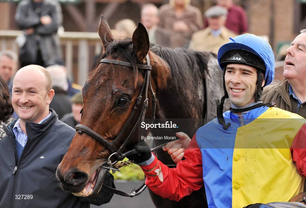 15 November 2008; Trafford Lad, with trainer Dusty Sheehy, left, and jockey Tom Doyle, after winning the A Space Cabins Florida Pearl Novice Steeplechase of €36,000. Horse Racing, Punchestown Racecourse, Co. Kildare. Picture credit: Brendan Moran / SPORTSFILE