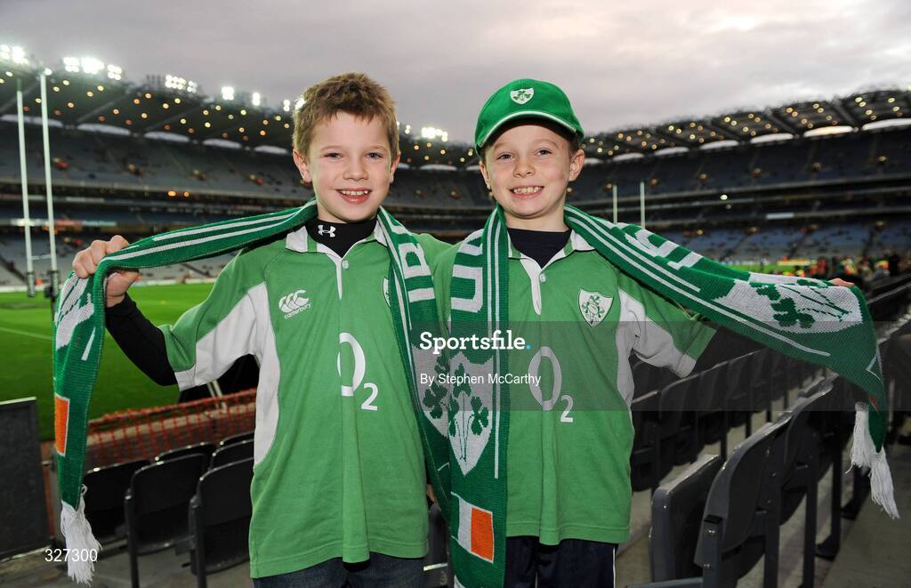 15 November 2008; Ireland supporters Conor and Angus Keys, age 10 and 9 respectively, from Enniskillen, Co. Fermanagh, enjoy the atmosphere ahead of their first Ireland Internatonal game. Guinness Autumn Internationals, Ireland v New Zealand, Croke Park, Dublin. Picture credit: Stephen McCarthy / SPORTSFILE