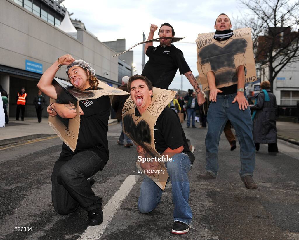 15 November 2008; New Zealand supporters Brad Costello, Brad Leggoe, Daniel King and Evan Marsh, all from Warkworth, New Zealand, perform the Haka before the game. Guinness Autumn Internationals, Ireland v New Zealand, Croke Park, Dublin. Picture credit: Pat Murphy / SPORTSFILE