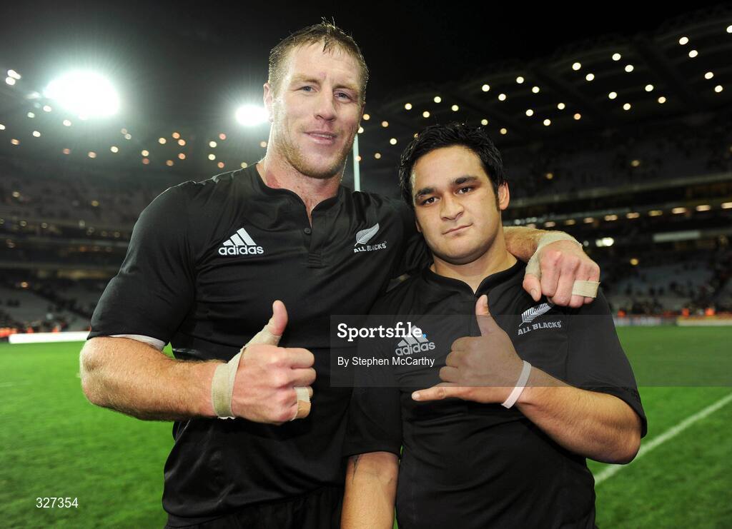 15 November 2008; Brad Thorn, left, and Piri Weepu, New Zealand, celebrate after the game. Guinness Autumn Internationals, Ireland v New Zealand, Croke Park, Dublin. Picture credit: Stephen McCarthy / SPORTSFILE