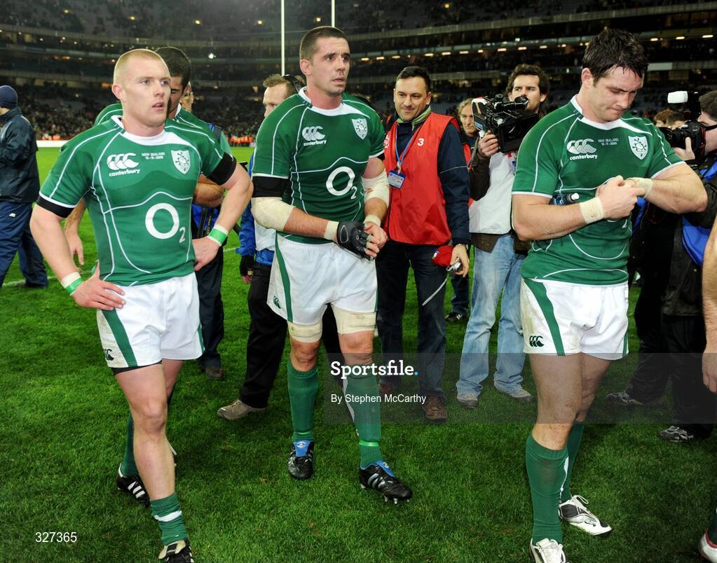 15 November 2008; Dejected Ireland players, from left, Keith Earls, Alan Quinlan and David Wallace after the match. Guinness Autumn Internationals, Ireland v New Zealand, Croke Park, Dublin. Picture credit: Stephen McCarthy / SPORTSFILE