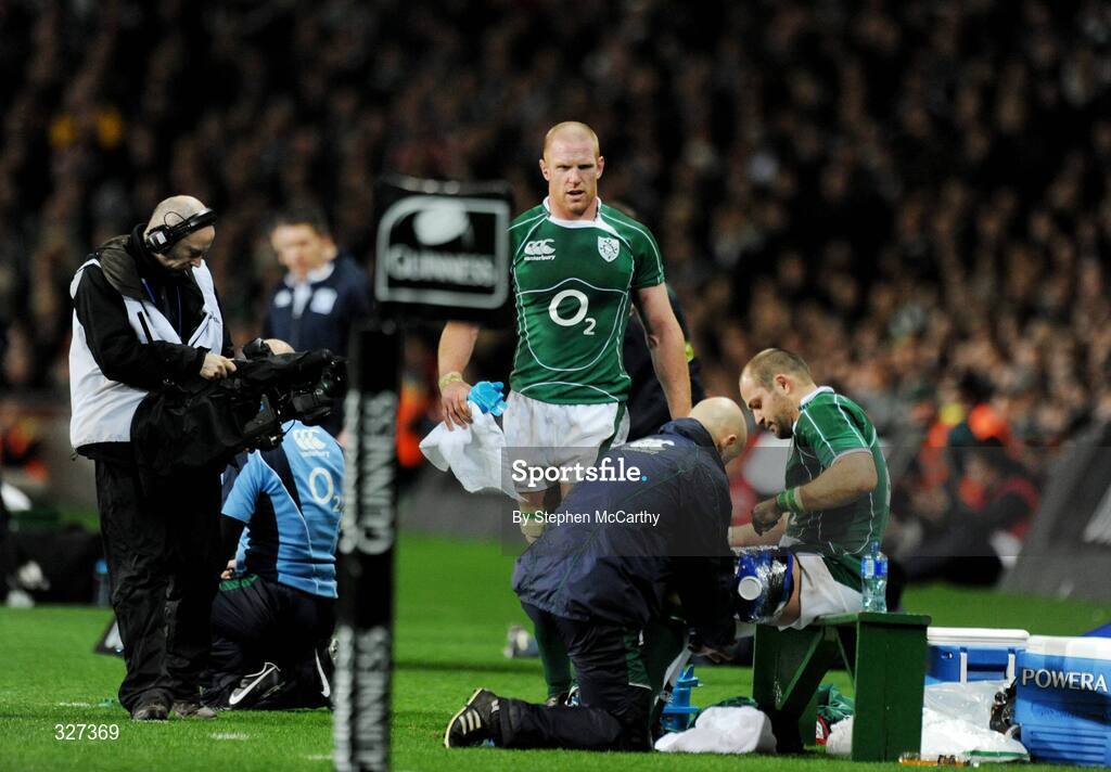 15 November 2008; Paul O'Connell, Ireland, joins Rory Best on the bench after picking up an injury. Guinness Autumn Internationals, Ireland v New Zealand, Croke Park, Dublin. Picture credit: Stephen McCarthy / SPORTSFILE