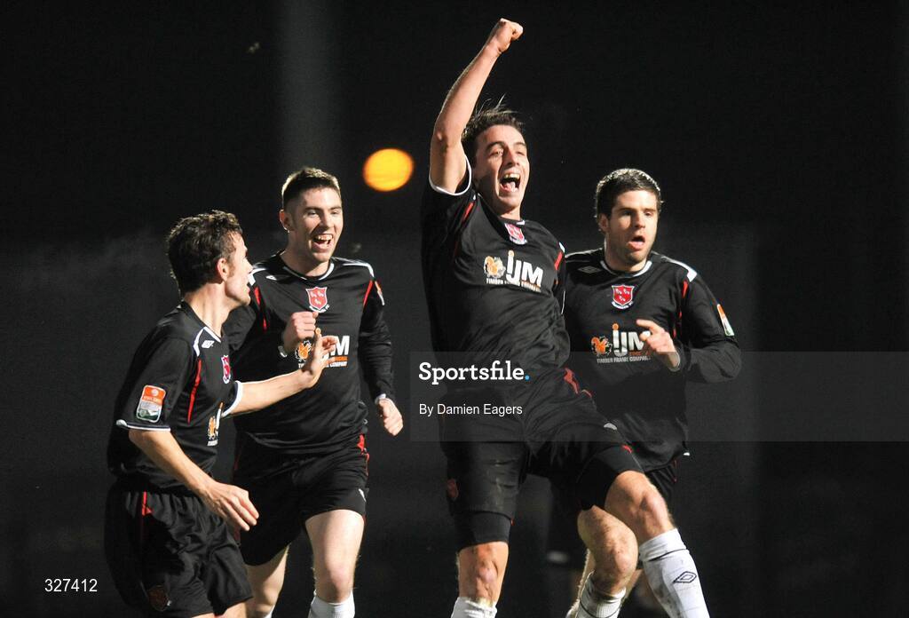15 November 2008; Robbie Farrell, Dundalk, celebrates with team-mates after scoring his side's opening goal. eircom League First Division, Kildare County v Dundalk, Station Road, Kildare. Picture credit: Damien Eagers / SPORTSFILE