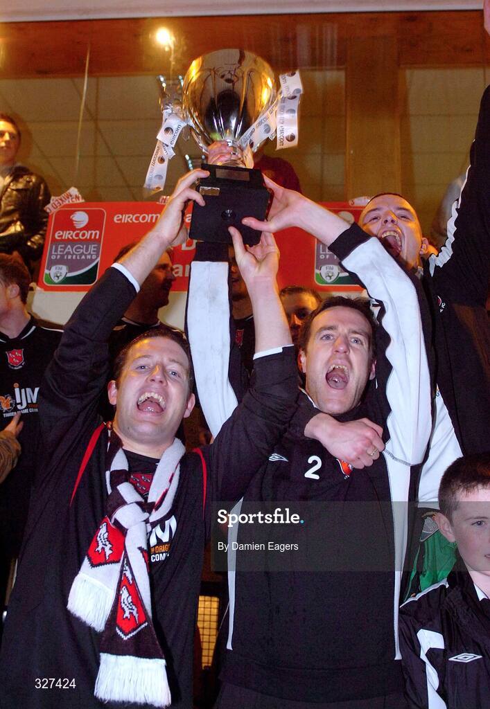 15 November 2008; Dundalk's John Flanagan, left, and captain Aidan Lynch lift the cup after winning the eircom League First Division Title, Kildare County v Dundalk, Station Road, Kildare. Picture credit: Damien Eagers / SPORTSFILE