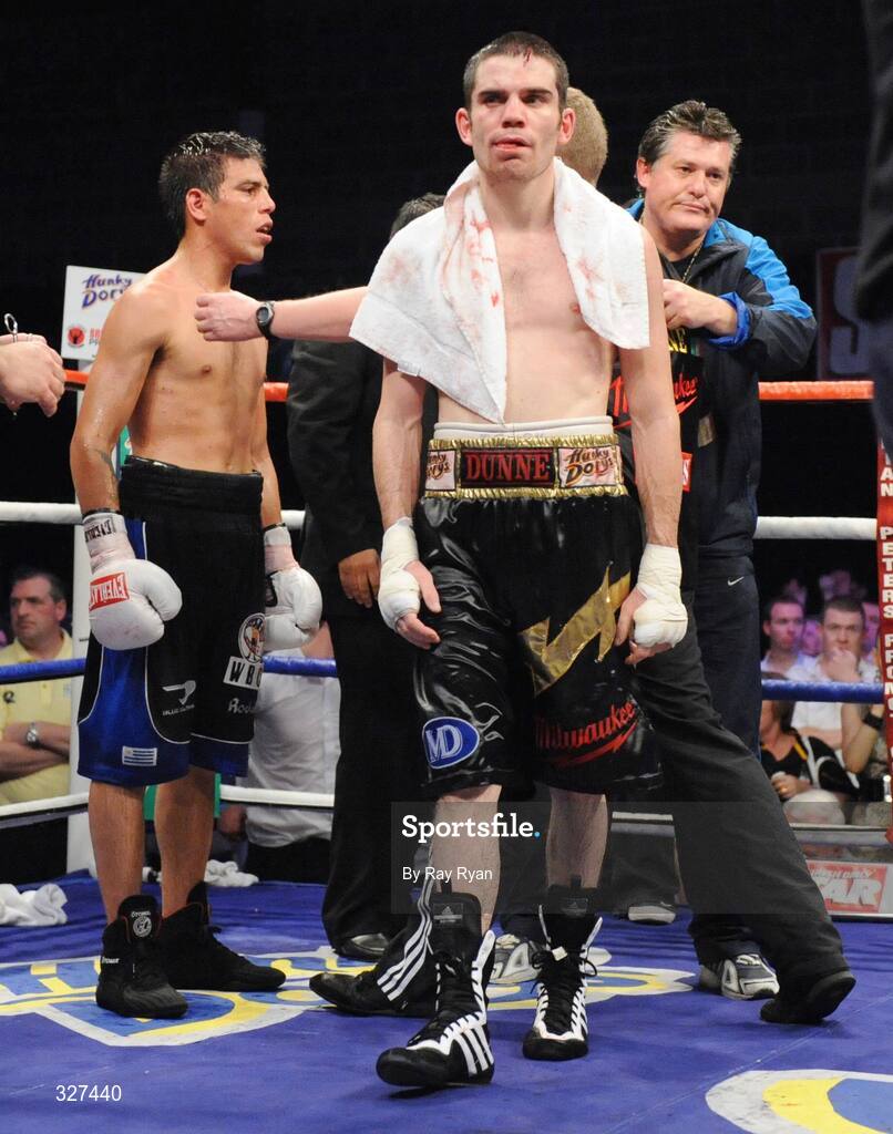 15 November 2008; Bernard Dunne after suffering a cut to the head from Cristian Faccio, which resulted in the fight being stopped. Hunky Dory Fight Night, Breaffy House Hotel, Mayo. Picture credit: Ray Ryan / SPORTSFILE